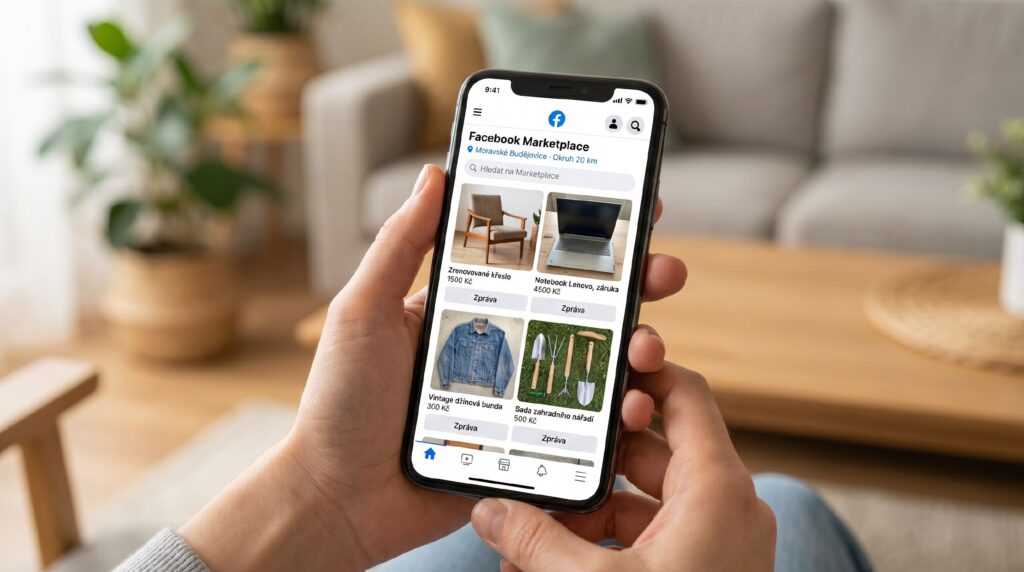Ruce držící smartphone s otevřenou aplikací Facebook Marketplace s nabídkami z okolí Moravských Budějovic